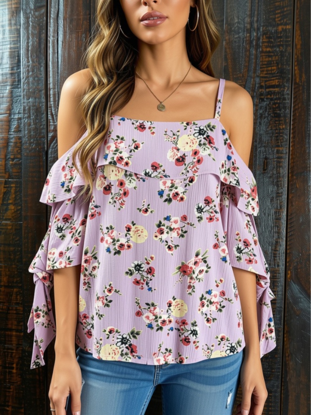 One Hart Lilac Floral Cold-Shoulder Juniors Top